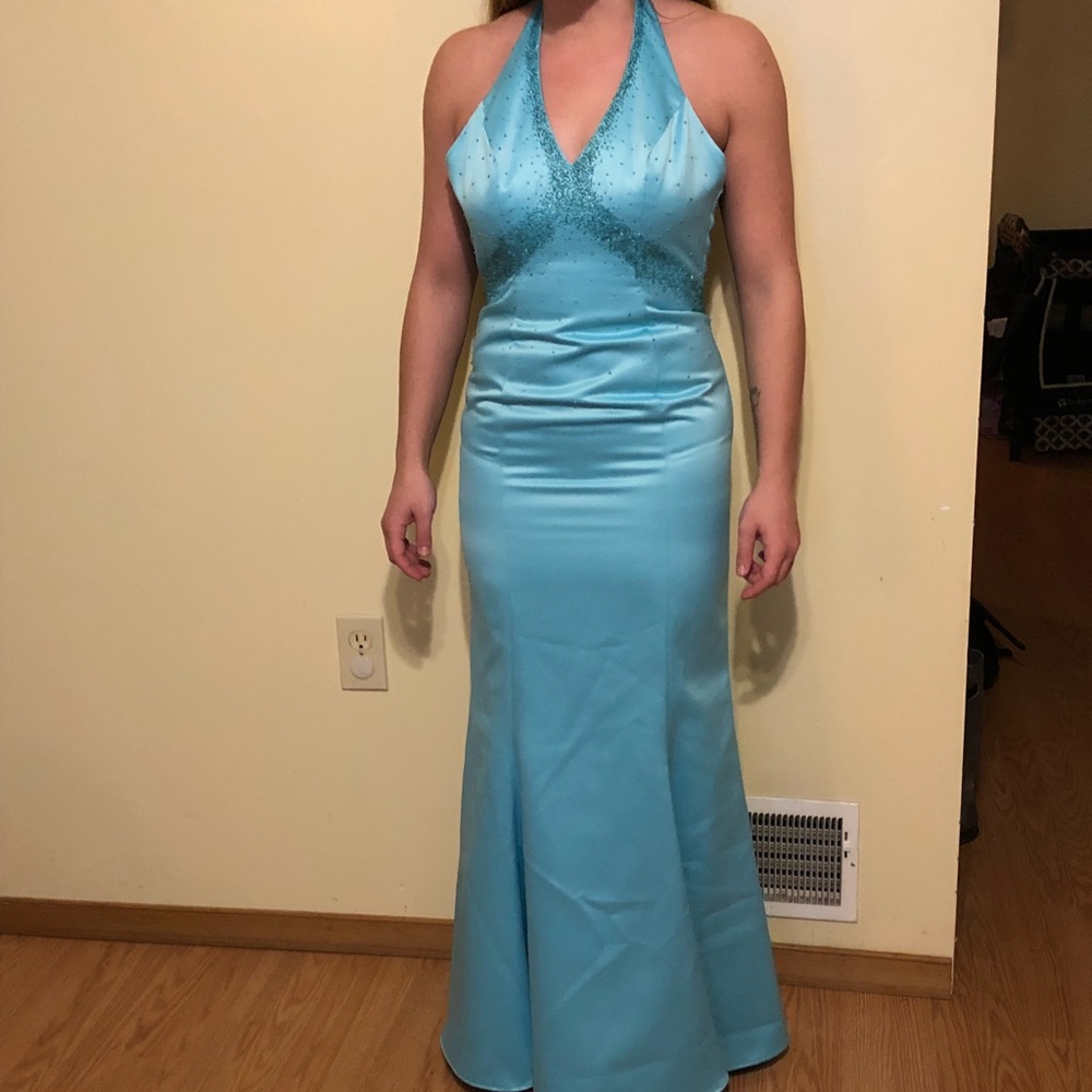Long formal aqua bead dress